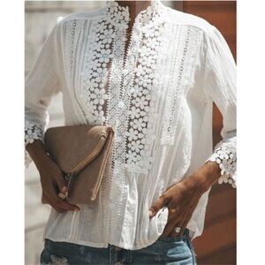 POL boho LACE blouse womens eyelet crochet top shirt white S mock neck blogger
